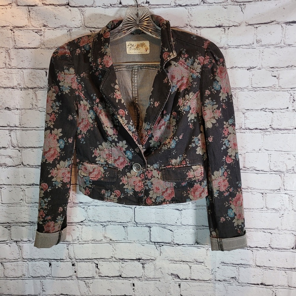 Free People Floral Denim Blazer Womens 0‎ Black Pink Cropped Puff Sleeve Exc